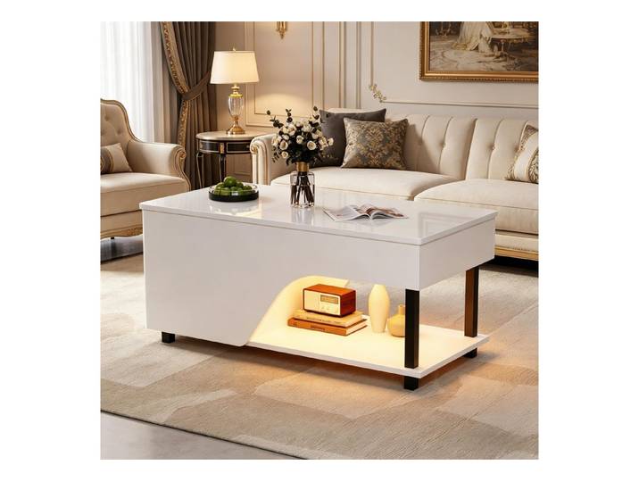 Fine Life Pro Couchtisch Weißer Couchtisch, höhenverstellbar, LED, Stauraum, Seitenablage, 100x50x46 cm, durchbrochenes Design, für Wohnzimmer