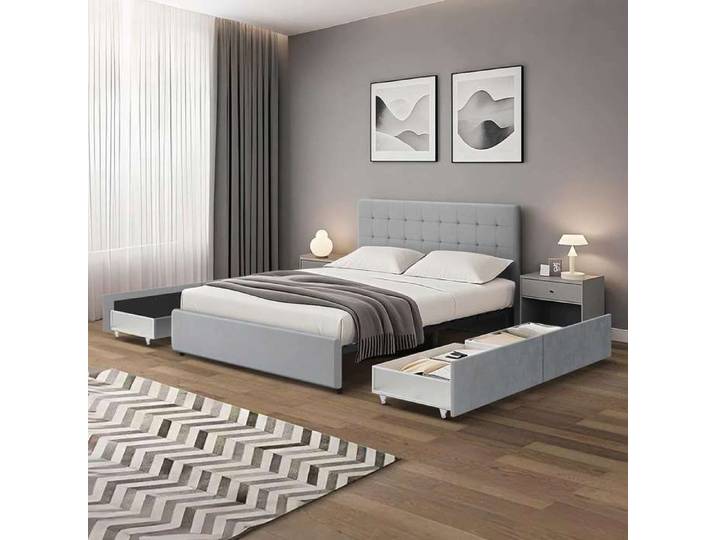 Lit tiroirs tête de lit capitonnée – grand couchage 160x200 cm – velours gris - sommier inclus - ELLIE