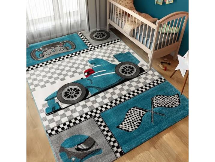 Carpettex Kinderteppich 200x290 cm Blau Rennauto Weich Waschbar