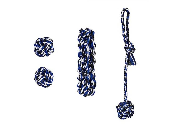 Relaxdays Ensemble de 4 Jouets pour Petits et Moyens Chiens\, Une Corde\, Deux balles\, Un Rouleau\, en Coton\, Multicolore