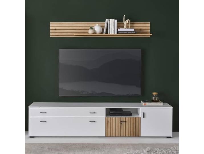 Lomadox Wohnzimmer Set modern TV-Wand Wohnwand Mediamöbel TV Lowboard 200cm Wandboard weiß matt mit Eiche