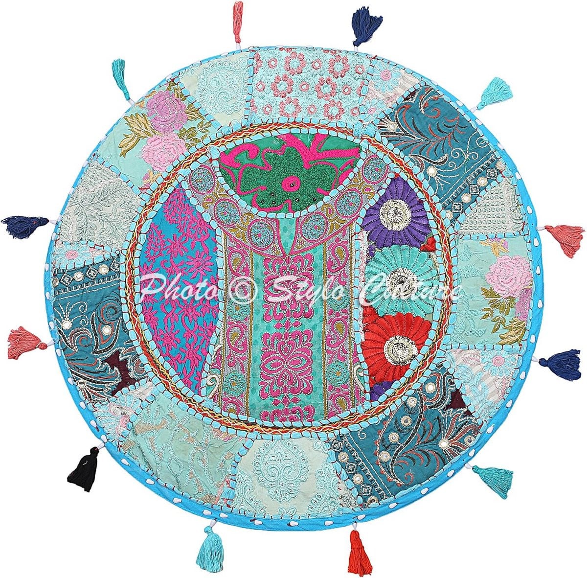Handgemaakte Bohemien Patchwork Sierkussenhoes Turkoois - 55 x 55 cm
