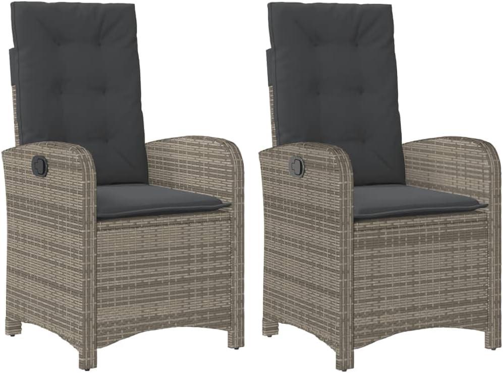 2-Piece Adjustable Grey Poly Rattan Patio Chairs with Cushions | Features reclining backrests for outdoor relaxation on balconies, decks, and yards.