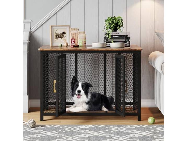 Thaookte Hundekäfig Möbel, Hochbelastbar Hundebox Aus Holz Für Den Innenbereich Mit Futtertür Oben, Mehrtür-Design, Großer Hundekäfig-Beistelltisch, 118.5 x 78 x 82.5 cm, Vintage Braun