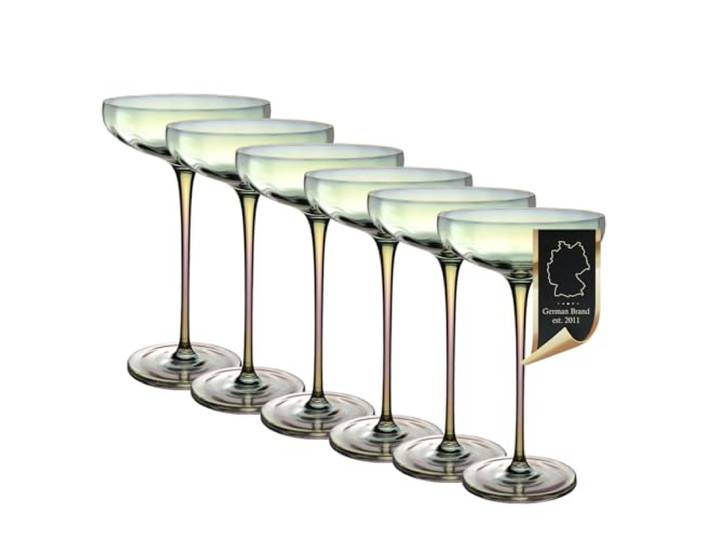 Intirilife 6er Set Martinigläser Champagnerschalen 140 ml – Coupe Cocktailglas Sektglas mit Regenbogen-Schimmer & Wellenform – bleifreies Kristallglas, spülmaschinenfest, stoßfest – Bar Party Hochzeit