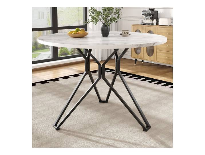Odikalo Esstisch Couchtisch Küchentisch Marmor-Esstisch Metallbeine Weiß+Schwarz