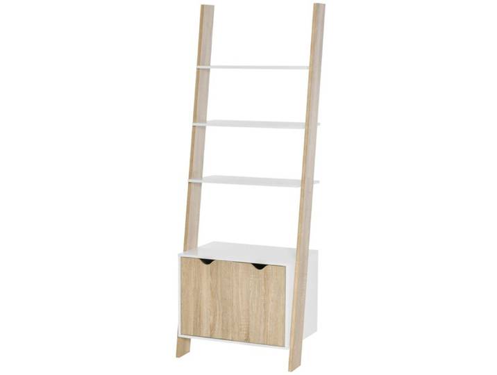 FSX Étagère en échelle avec 3 étagères et placard étagère en échelle de style nordique en bois 60x40x171 cm chêne et blanc