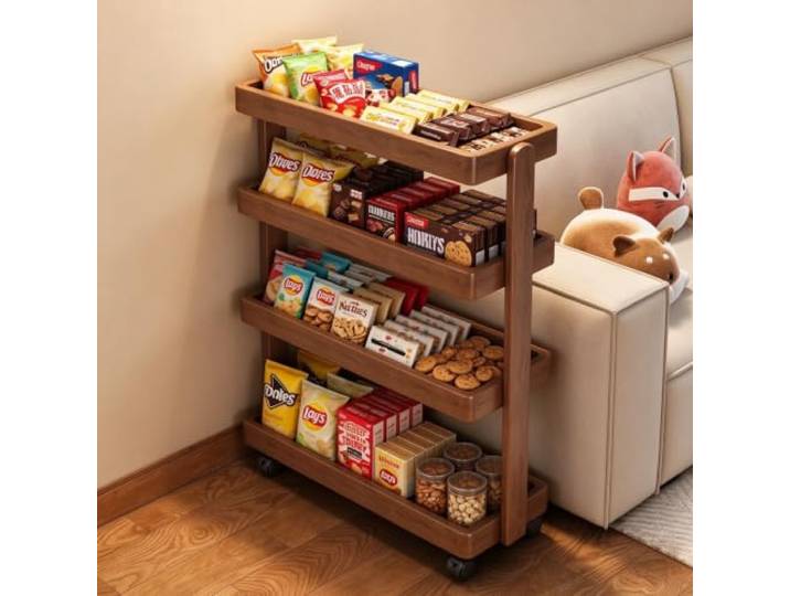 Schmaler Rollwagen mit 4 Ebenen, Mobiler Regal-Organizer für Haushalt 4 Etagen, Kompaktes Design, 360° Rollen, Stabile Holzstruktur, Vielseitiger Einsatz(Walnut,31.9in*15.7in*7.9in)