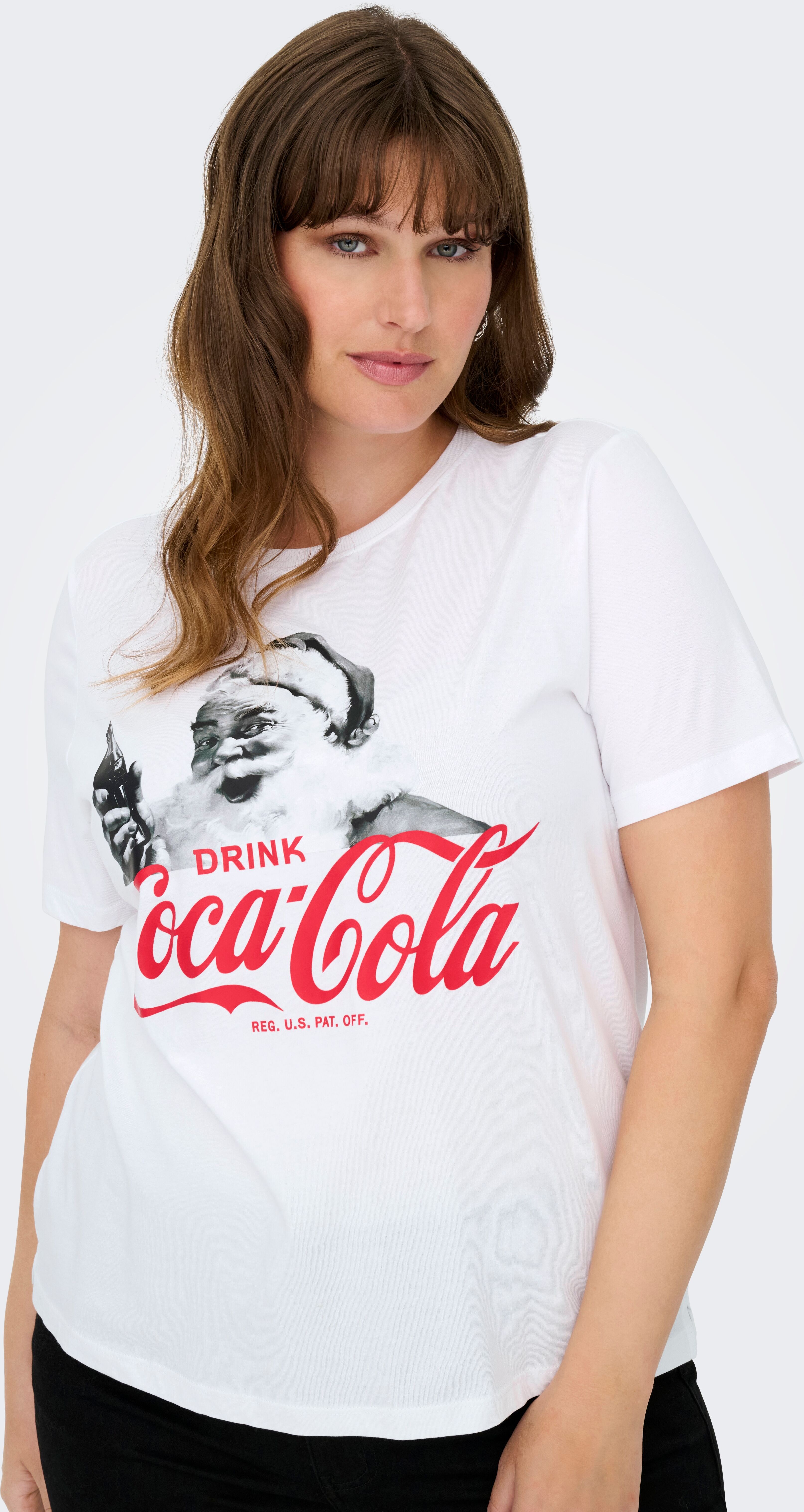 Kurzarmshirt ONLY CARMAKOMA "CARCOCA COLA XMAS LIFE S/S TOP JRS", Damen, Gr. S, weiß print:coca cola santa, Jersey, Obermaterial: 100% Baumwolle, bedruckt, regular fit, Rundhals, Shirts Kurzarmshirt weiß print:coca cola santa S