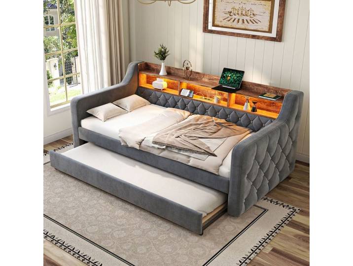 Canapé‑lit gigogne - Canapé gigogne - 90 x 190 cm - Velours gris - Rangement intégré