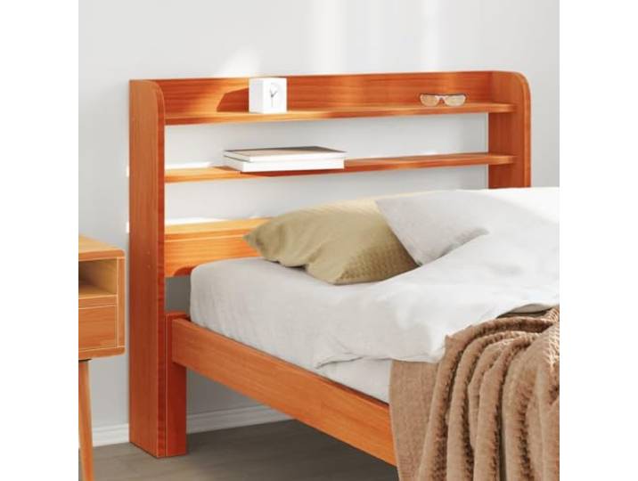 KTHLBRH Kopfteil mit Ablagen, braun, gewachst, 100 cm, massives Kiefernholz, 3 Ablagen für viel Stauraum, freistehendes Design ohne Wandmontage, ideal