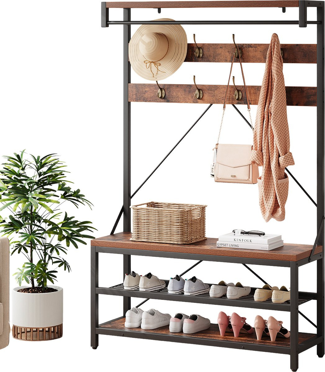 Jently kapstok met bank en 3-laags schoenenrek - zwart/houtkleurig