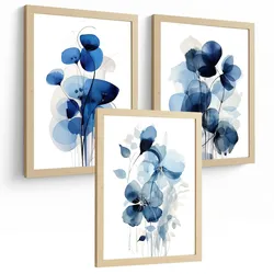 POSTER 3er-Set Wandbilder Blumen Blau modern Wohnzimmer Deko, Schlafzimmer, Küche, Badezimmer Rahmenlos A4