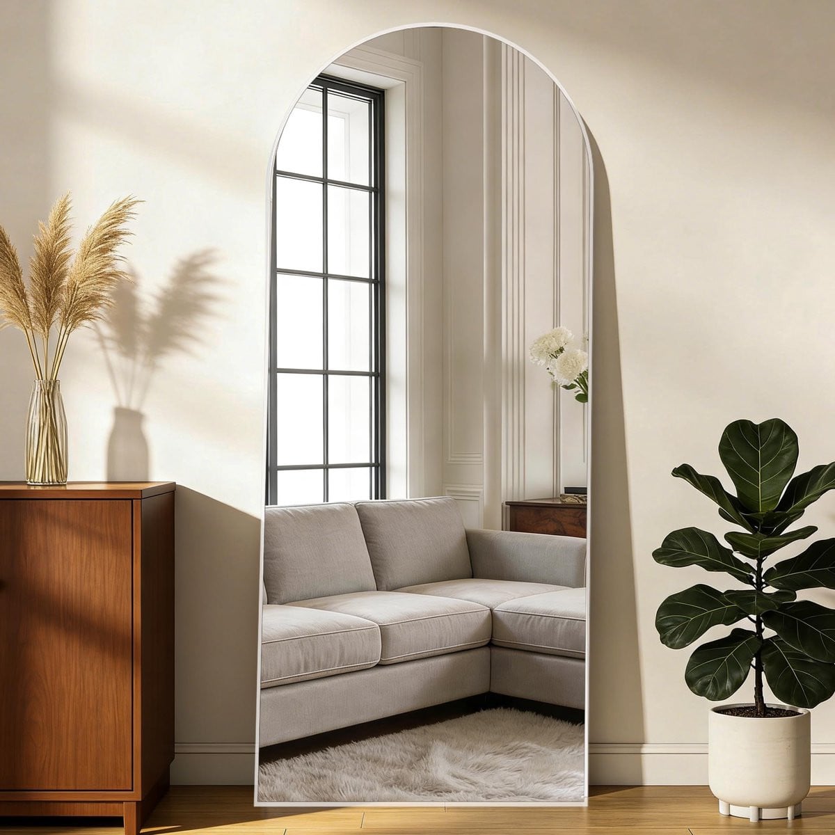 SnelShoppen Gebogen Vloerspiegel Wit - Moderne Boog Spiegel met Standaard - Hoogte: 165 cm, Breedte: 60 cm