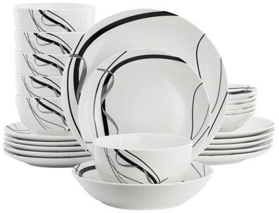 Elama Sarah 24 Piece Porcelain Black Ribbon Double Bowl Dinnerware Set, Service for 6 in White and Black