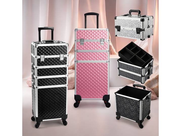 Valise de Maquillage Amovible 4-en-1 en Alliage, Mallette de Transport sur Roues pour Manucure, avec Serrure, Grande Capacité de Rangement pour Salon