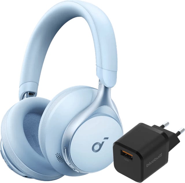 Soundcore Space One Blauwe hoofdtelefoon met BlueBuilt Quick Charge 18W USB-A oplader Zwart