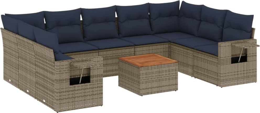 vidaXL 10-teiliges Gartensofa-Set mit Kissen, grau, Polyrattan
