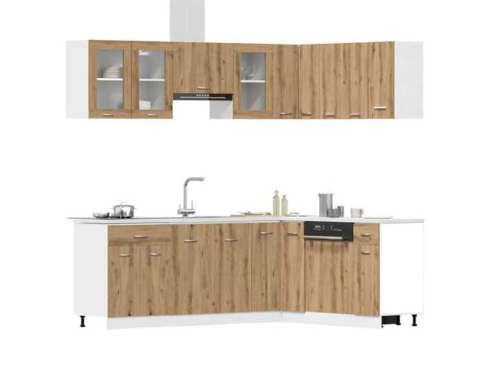 KTHLBRH Lyon Küchenmöbel-Set, 11-teilig, Eiche Technisches Holz und Glas, verstellbare Füße, einfache Reinigung, großer Stauraum
