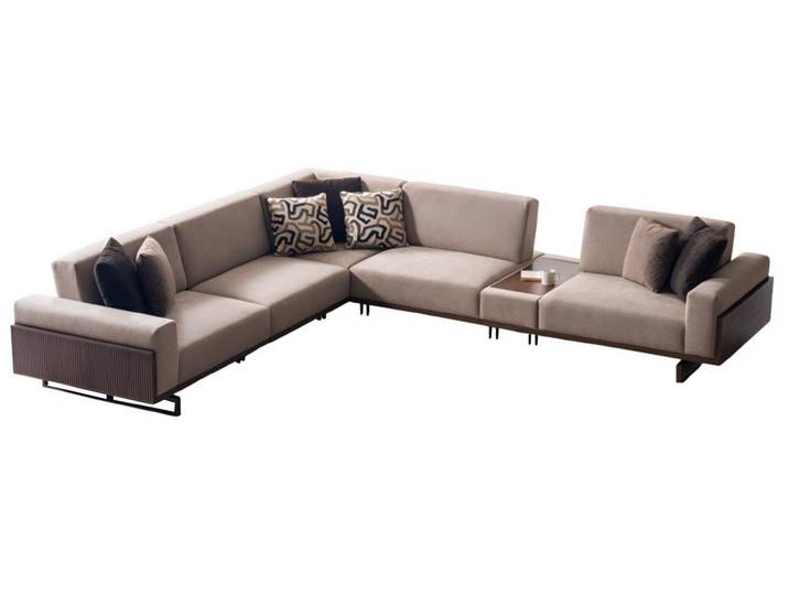 Xlmoebel Ecksofa Beiges L-Form Sofa mit Holzablage und edlen Kissen, Ecksofa 1 Teile, Made in Europa