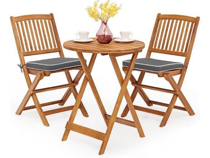 GOPLUS Ensemble Table de Jardin 3 Pièces Pliables avec 2 Chaises en Bois d'Acacia - Coussin Rembourré pour Terrasse Salon Bistro