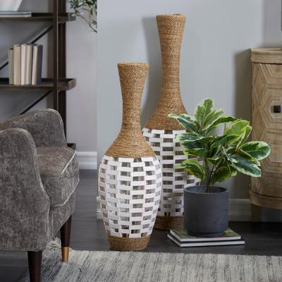 ARCILLA ELEMENTAL Brown Seagrass Handmade Wrapped Tall Floor Vase with Open Framed Cream Bamboo Center