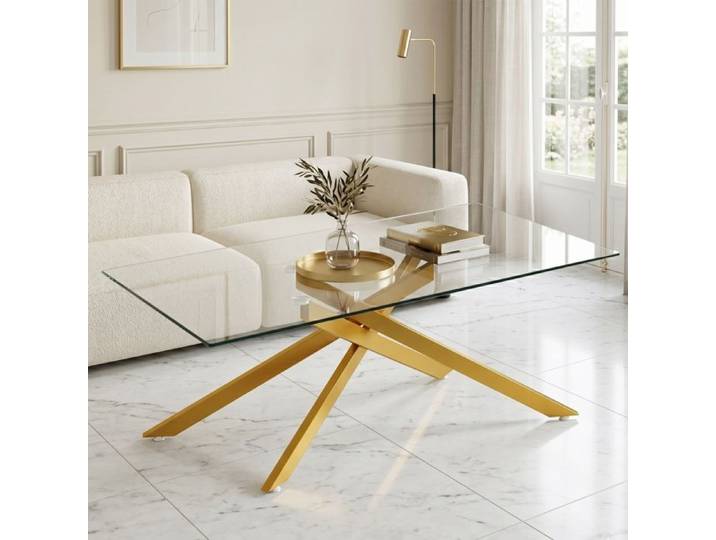 Table Basse Verre - Table Basse Salon Transparente- Plateau Rectangulaire-Pieds Tubulaires en Métal-Design Moderne-100x60x46cm-Doré