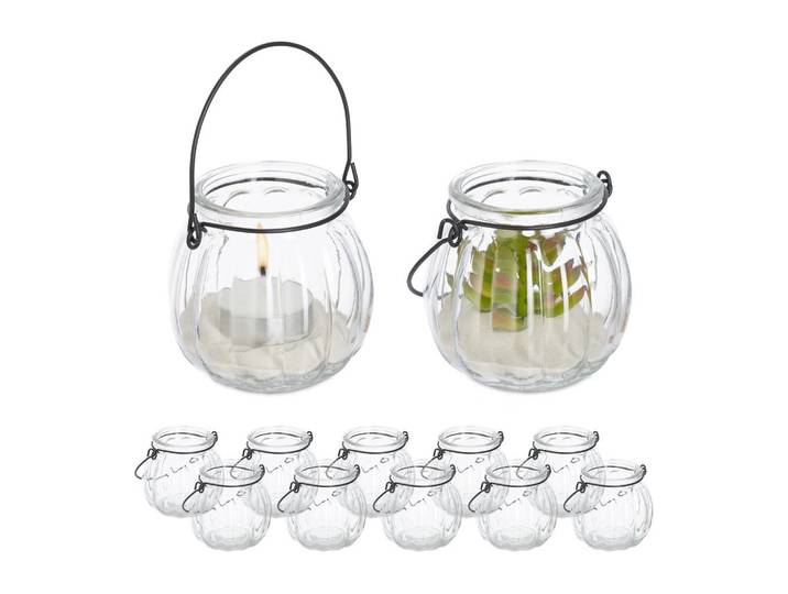 Relaxdays Windlicht Transparent Schwarz 12er-Set Glas Metall, Glas, Metall, 8x7.5x8 cm, Dekoration, Laternen & Windlichter, Windlichter