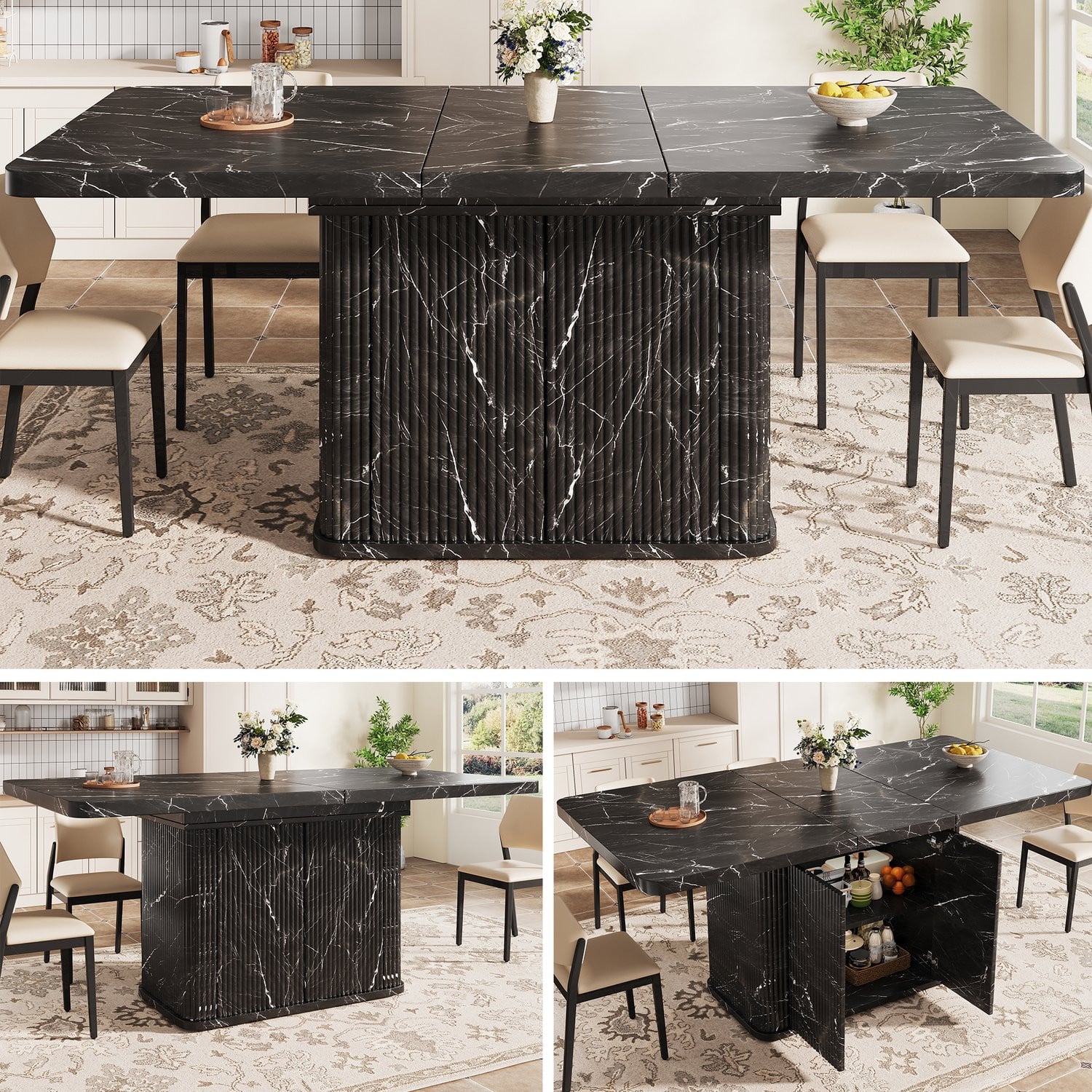 Multifunctionele Uitschuifbare Eettafel 140-180 cm - Marmerlook Zwart met Verticaal Reliëfdesign en Verborgen Opbergruimte