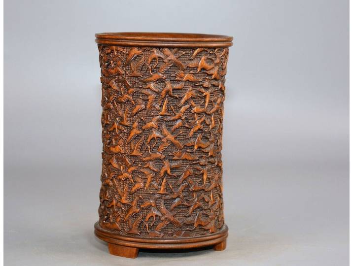 Pot à pinceaux en buis naturel chinois sculpté, statue de grue exquise, fournitures de bureau