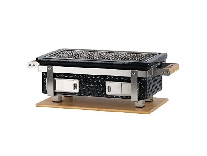 BBQ-Toro Keramik Tischgrill mit Holzunterlage 50 x 23 x 17 cm Hibachi Tischgrill ohne Strom Schwarz Minigrill Holzkohle, Kohlegrill Camping Grill Holzkohle, Mini Grill, Holzkohletischgrill