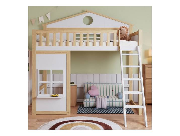 Flieks Etagenbett, Kinderbett Hausbett 90x200cm mit Dach, Fenster und oberem Lattenrost
