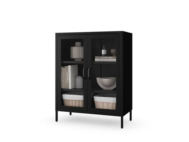 Jan Nowak Vitrinenschrank Glasvitrine Wohnzimmerschrank 80x101,5x40 cm Niedrige Standvitrine Sammlervitrine mit 2 Glastüren, 2 verstellbaren Ablagen, gehärtetem Glas, Wandmontage