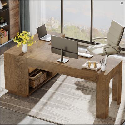YUZHOU 59-inch Rustic Corner Computer Desk with 2-tier Cabinet and Open Storage Shelves