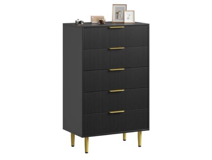 GarveeMore Kommode 5 Schubladen, Fluted Design, 75x46x121,5 cm, Schwarz 5 Schubladen Fluted Design Metallbeine Metallgriff Spanplatte/MDF