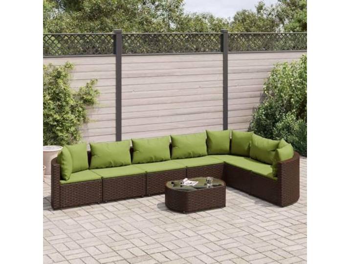 KTHLBRH Gartenmöbel-Set, 8-teilig, Polyrattan, Braun Modular, pulverbeschichteter Stahl, dicke Kissen, Glastisch, Terrassentisch