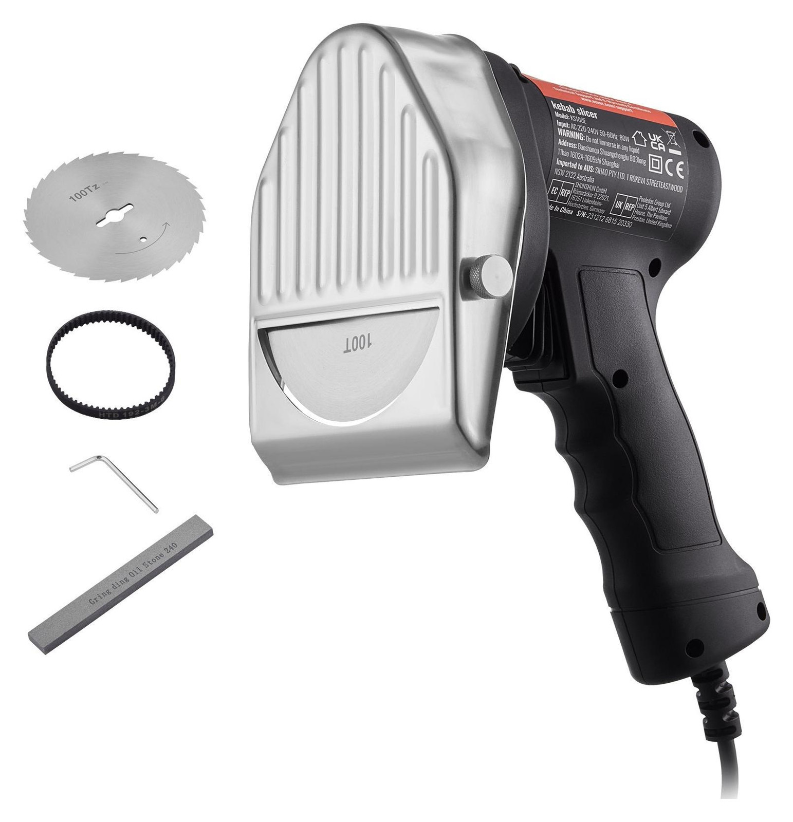 Zerbaco Elektrisch Shawarma-mes 80 W met 2 RVS messen van 100 mm diameter voor Turks kebab en gyro