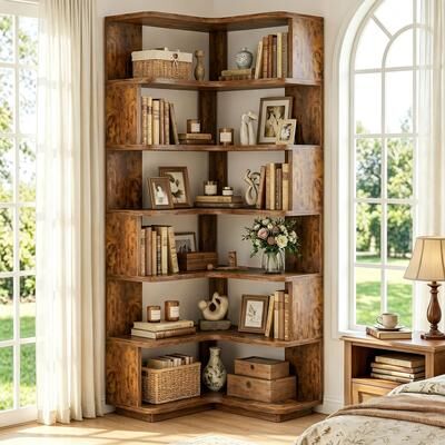 Rackcog 7-Tier Corner Bookcase, Freestanding Display Storage Book Shelf for Living Room, Office & Nursery