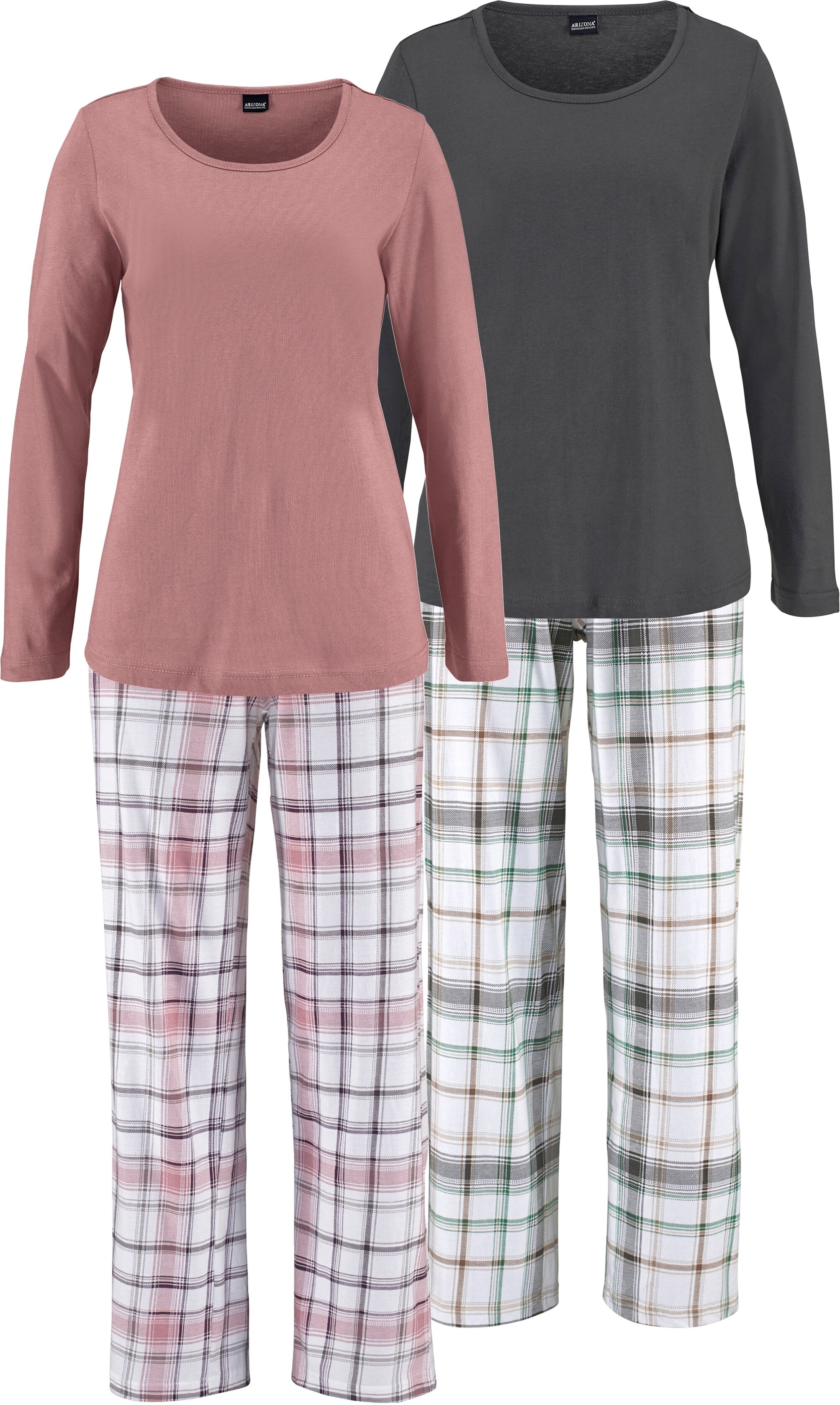 Schlafanzug ARIZONA, Damen, Gr. 52/54, lila (mauve kariert, grau kariert), Single Jersey, Obermaterial: 100% Baumwolle, kariert, unifarben, Basic, lang, Rundhals, abgerundeter Saum, Homewear-Sets Schlafanzug, mit Hose im Karodesign mauve kariert, grau kar