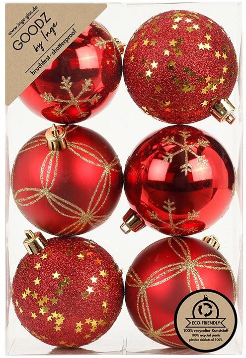 Weihnachtsbaumkugel "Inge Weihnachtskugel dekoriert, 6 Stk.", rot (goldfarben, rot), Ø:8cm, Kunststoff, Weihnachtsbaumkugeln, Weihnachtsbaumkugel goldfarben, rot 8cm