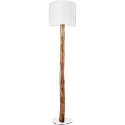 Stehlampe Standleuchte Landhausstil Holzlampe Eukalyptus braun Wohnzimmer Stehleuchte mit Stoffschirm, Metall Textil weiß gold, Fassung 1x E27, DxH 30x140 cm