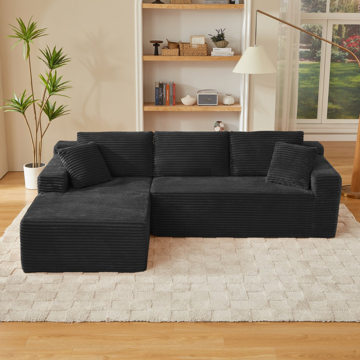 Zubaliya Moderne L-vormige Modulaire Sofa met Liggedeelte en Afneembare Hoezen, Zwart