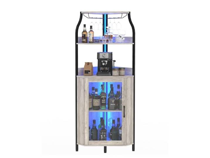 Garvee Modernes gebogenes Weinregal mit LED-Beleuchtung – Freistehende Vitrine mit Glastür, 4 Ebenen – Robustes MDF – Stilvolle Weinaufbewahrung für Zuhause – Farbe: Grau