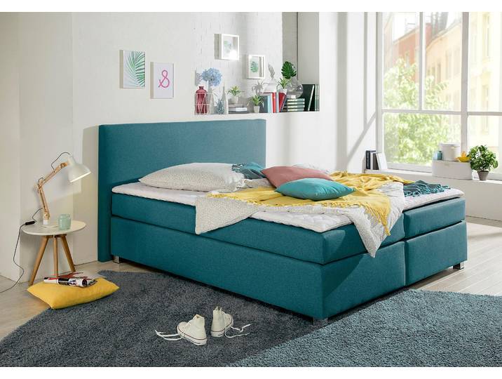 Boxspringbett, 167x210 cm, Strukturstoff, Blau, Inkl. Topper & 2 Matratzenarten, Modern, Inosign