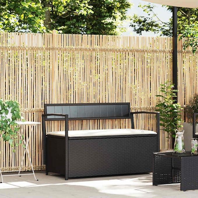 Gartenbank mit Stauraum und Kissen, Schwarz Poly Rattan, wetterfest, mit Rückenlehne und Armlehne, Outdoor Sitzgelegenheit für Terrasse Balkon Vorgarten, inklusive Polster und Aufbewahrung