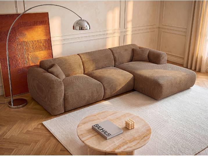 Großes Ecksofa rechts mit Express-Schlaffunktion aus Cord-Samt in Taupe - 13 cm Memoryschaum-Matratze POGNI