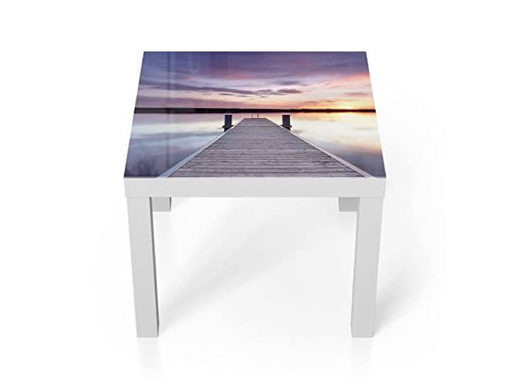 DEQORI Glastisch weiß klein 55x55 cm Motiv Verlassener Holzsteg ausgefallener Beistelltisch aus Glas Hochglanz Couchtisch fürs Wohnzimmer moderner Couch Tisch mit Design