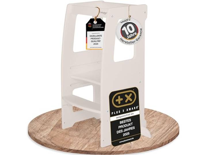 babybay Lernturm Littlefoot, maximale Kippsicherheit durch massives Buchenholz, Förderung der Motorik, dreifach höhenverstellbar, ergonomischer Einstieg, Aussparung für Küchengriffe, beige lackiert