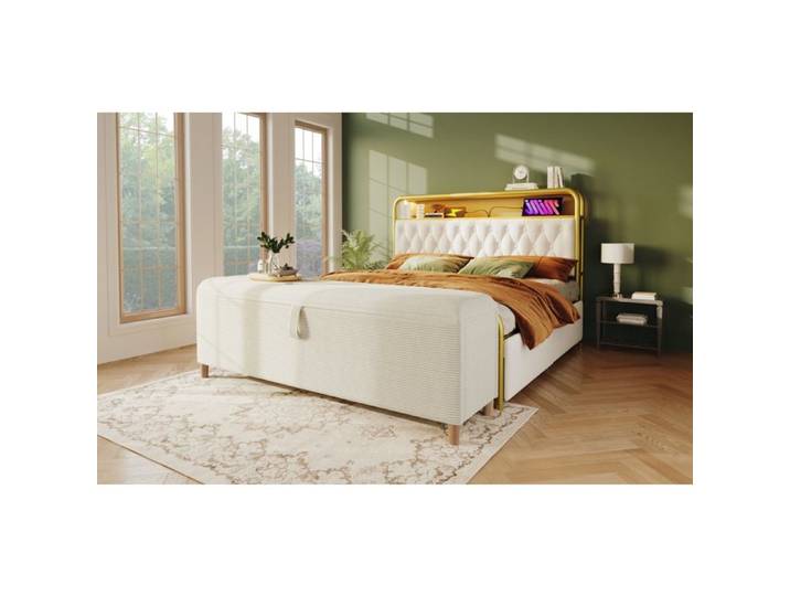 Banquette de bout de lit 175 cm beige avec coffre de rangement à ouverture hydraulique