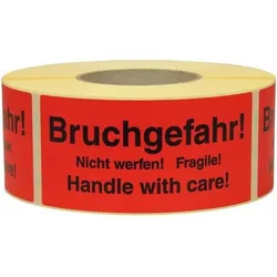 Transpak, Sicherheitskennzeichnung, Hinweisetikett Masse 145x70mm Papier rot Bruchgefahr Nicht werfen! Fragile!